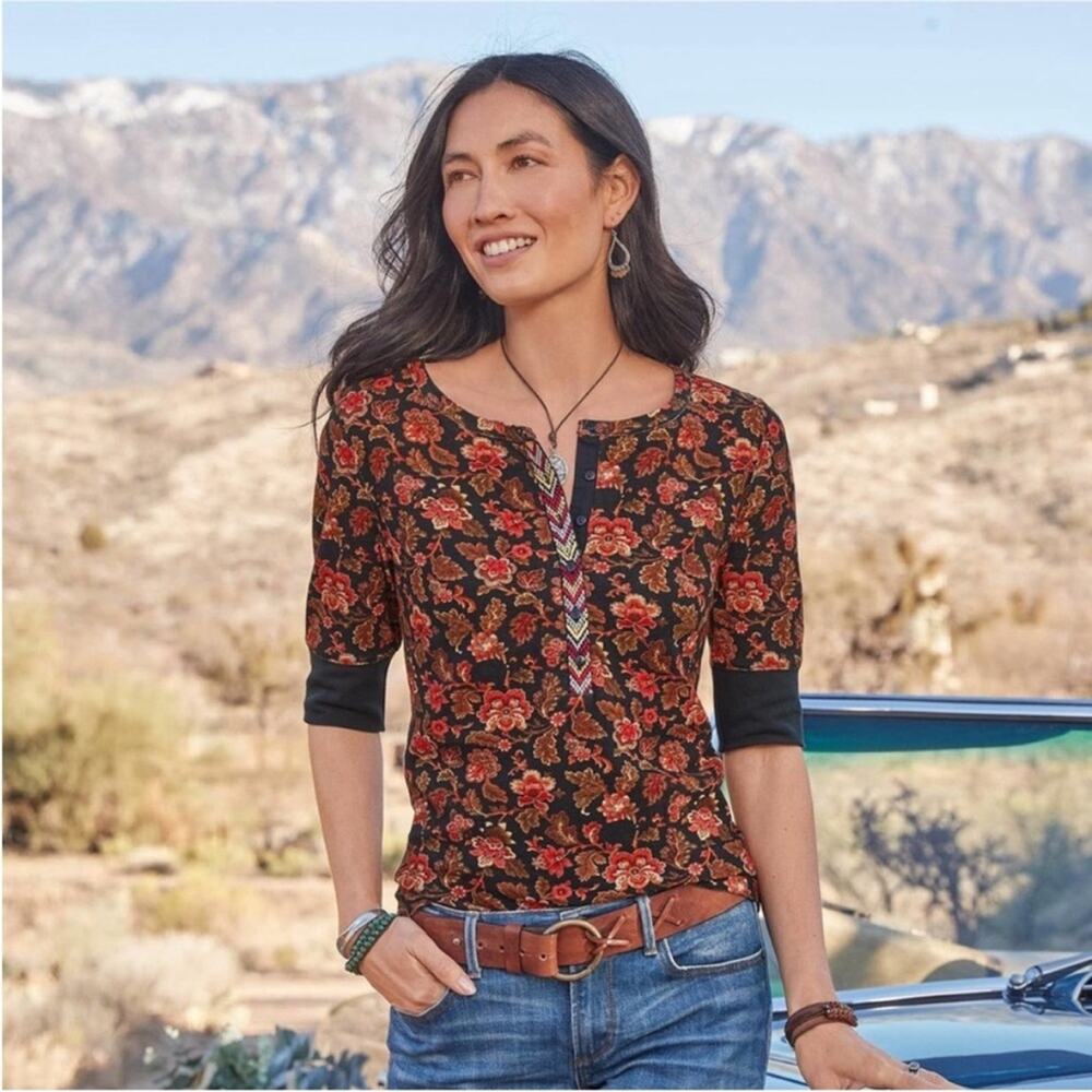 Sundance Catalog Black Cordelia Bloom Floral Henley Shirt Petite Large
